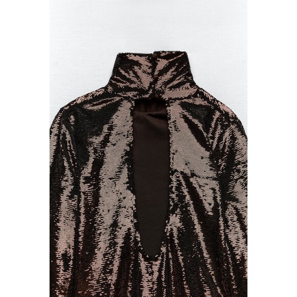 Brown Zara Sequin Cut Out Open Back Long Sleeve Knit Midi Dress (NWT) - Picture 11 of 12